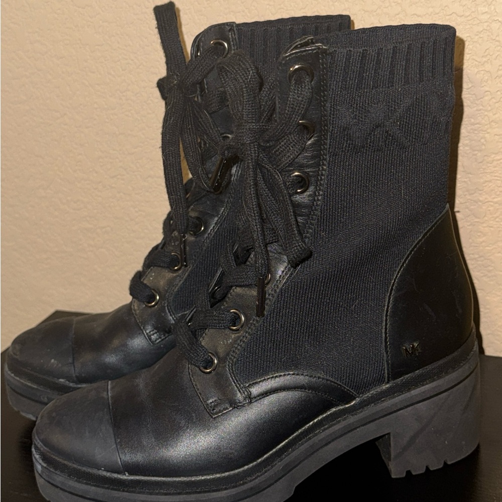 Michael Kors Black Lace-Up Knit & Leather Ankle Boots